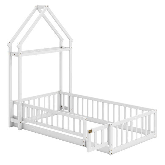 Twin Size House Floor Bed with House-shaped Headboard