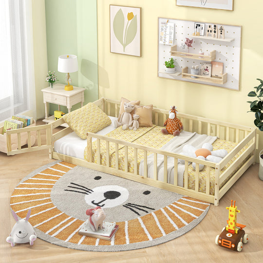 Twin Size Kids Wood Montessori Floor Bed with Door and Fence-Natural