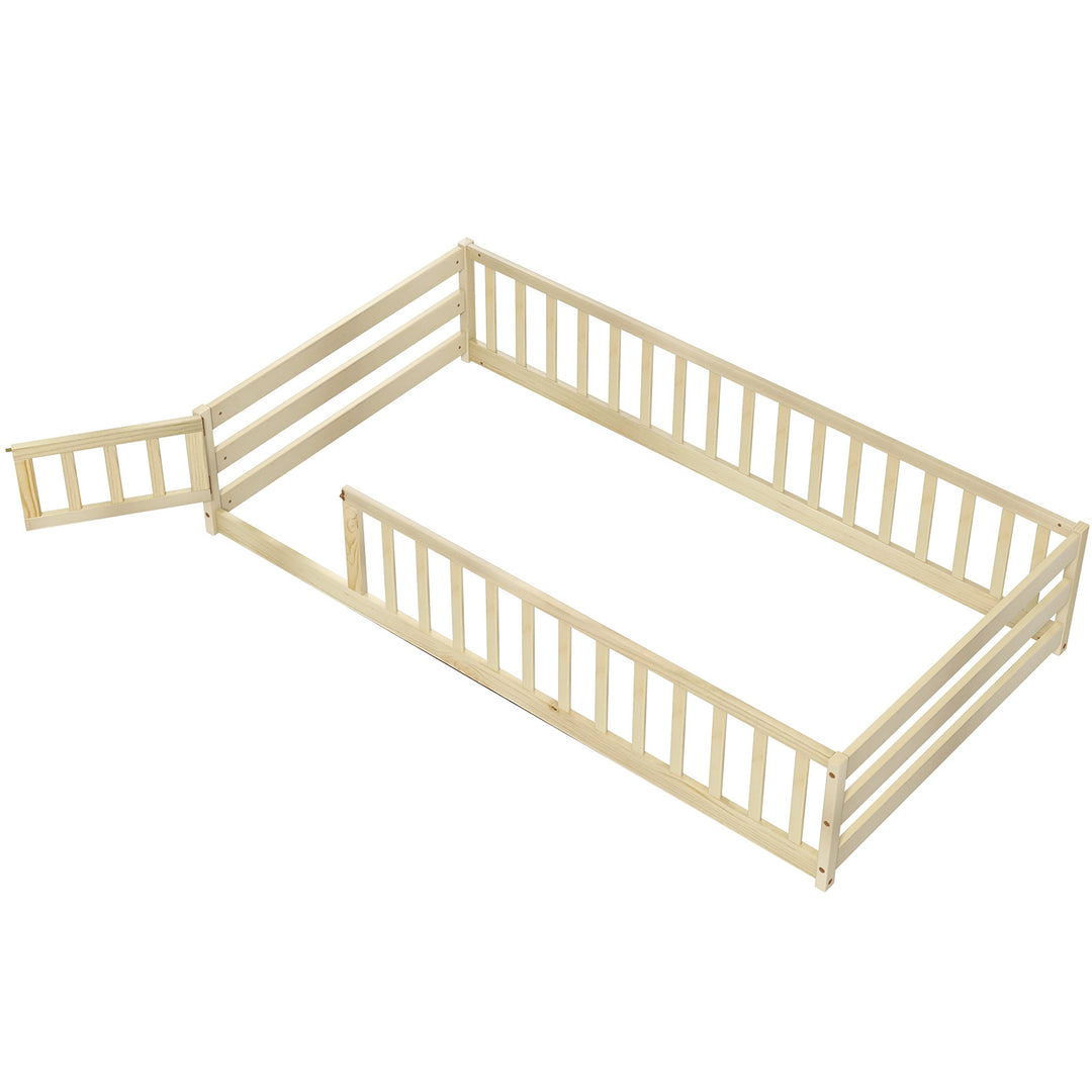 Twin Size Kids Wood Montessori Floor Bed with Door and Fence-Natural