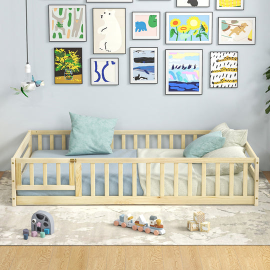 Twin Size Kids Wood Montessori Floor Bed with Door and Fence-Natural