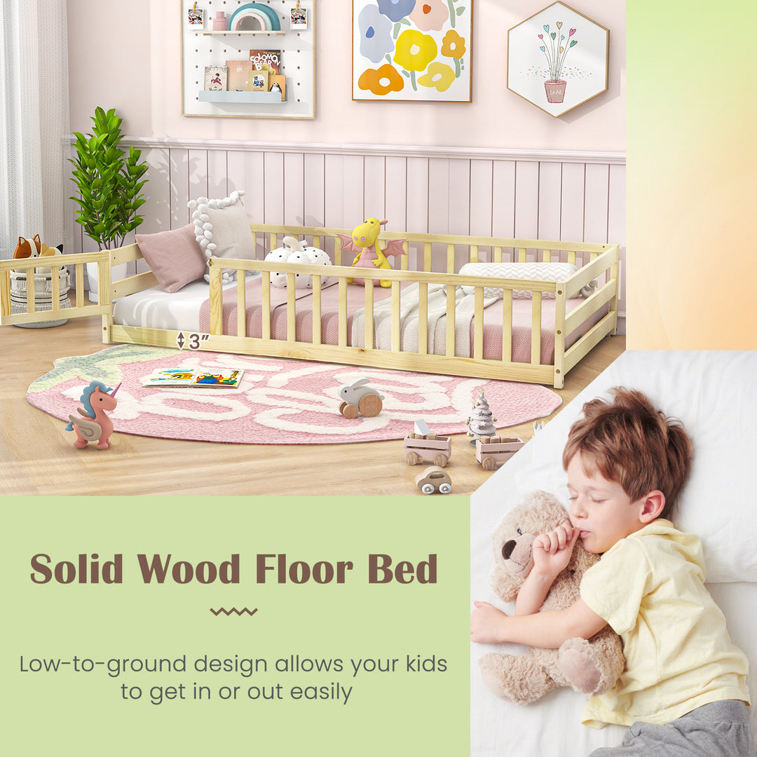 Twin Size Kids Wood Montessori Floor Bed with Door and Fence-Natural