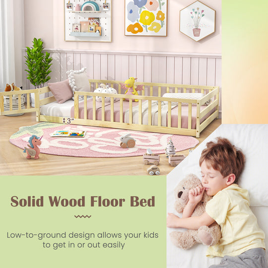 Twin Size Kids Wood Montessori Floor Bed with Door and Fence-Natural