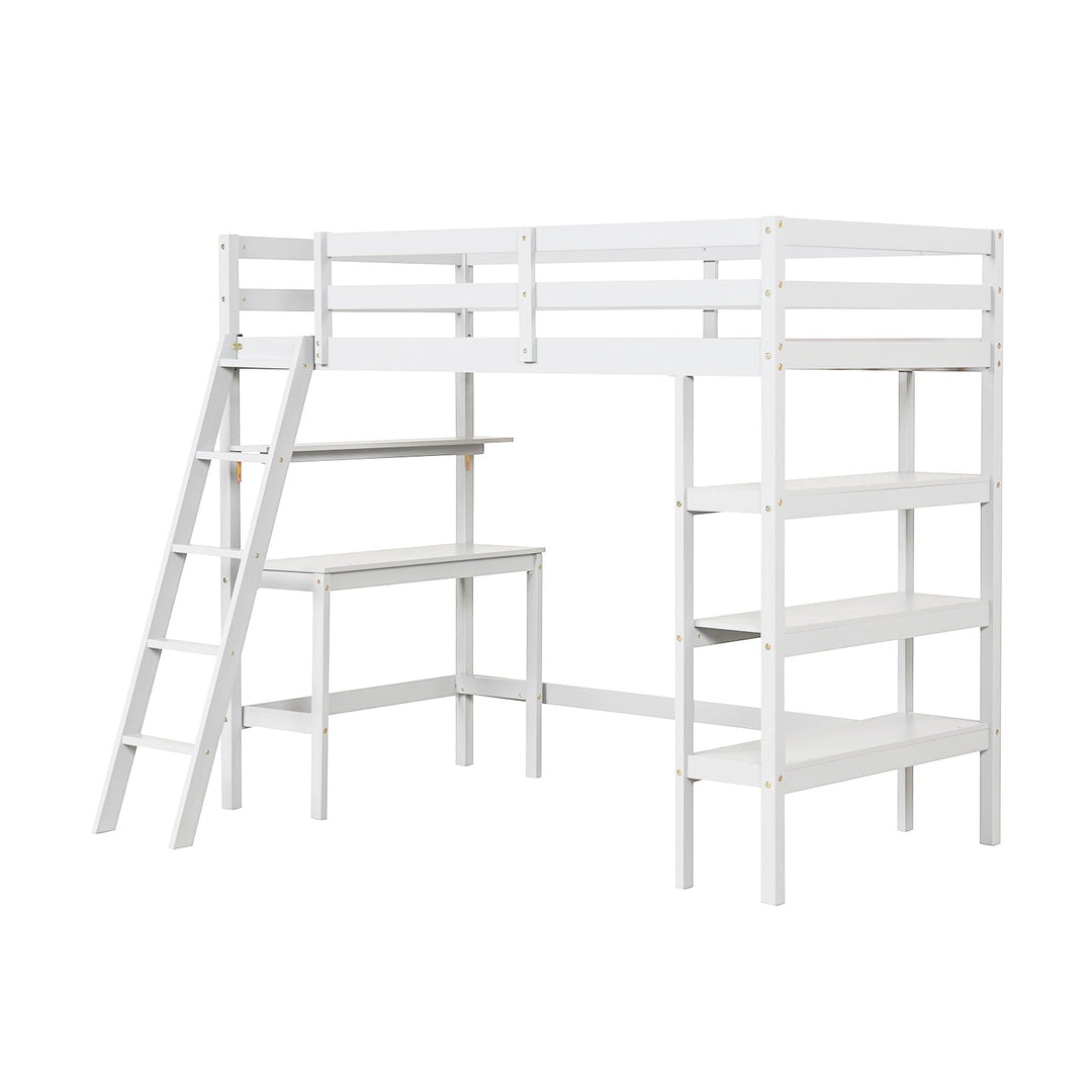 Twin Size Loft Bed with Desk and Bookshelves for Kids and Teens