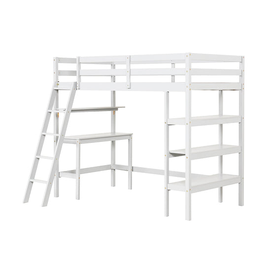 Twin Size Loft Bed with Desk and Bookshelves for Kids and Teens