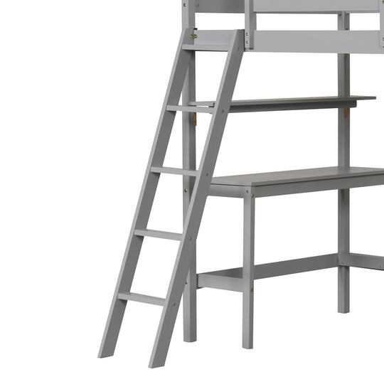 Twin Size Loft Bed with Desk and Bookshelves for Kids and Teens