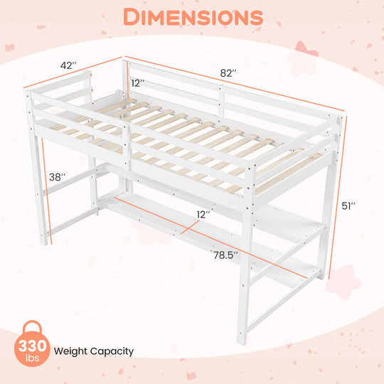 Twin Size Loft Bed with Storage Shelves Full-length Guardrails and Ladder-White