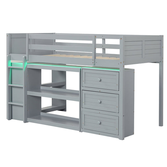 Twin Size Loft Bed with LED Lights and Underbed Space for Kids
