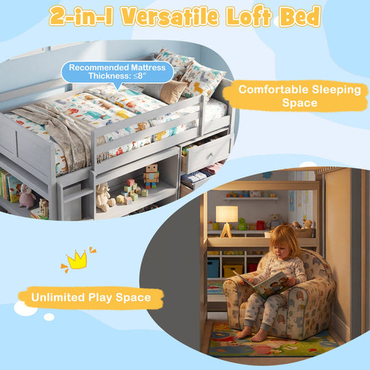 Twin Size Loft Bed with LED Lights and Underbed Space for Kids