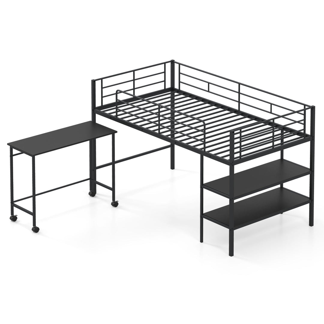 Twin Size Loft Bed with Rolling Desk and Bookshelf Platform Bed Frame