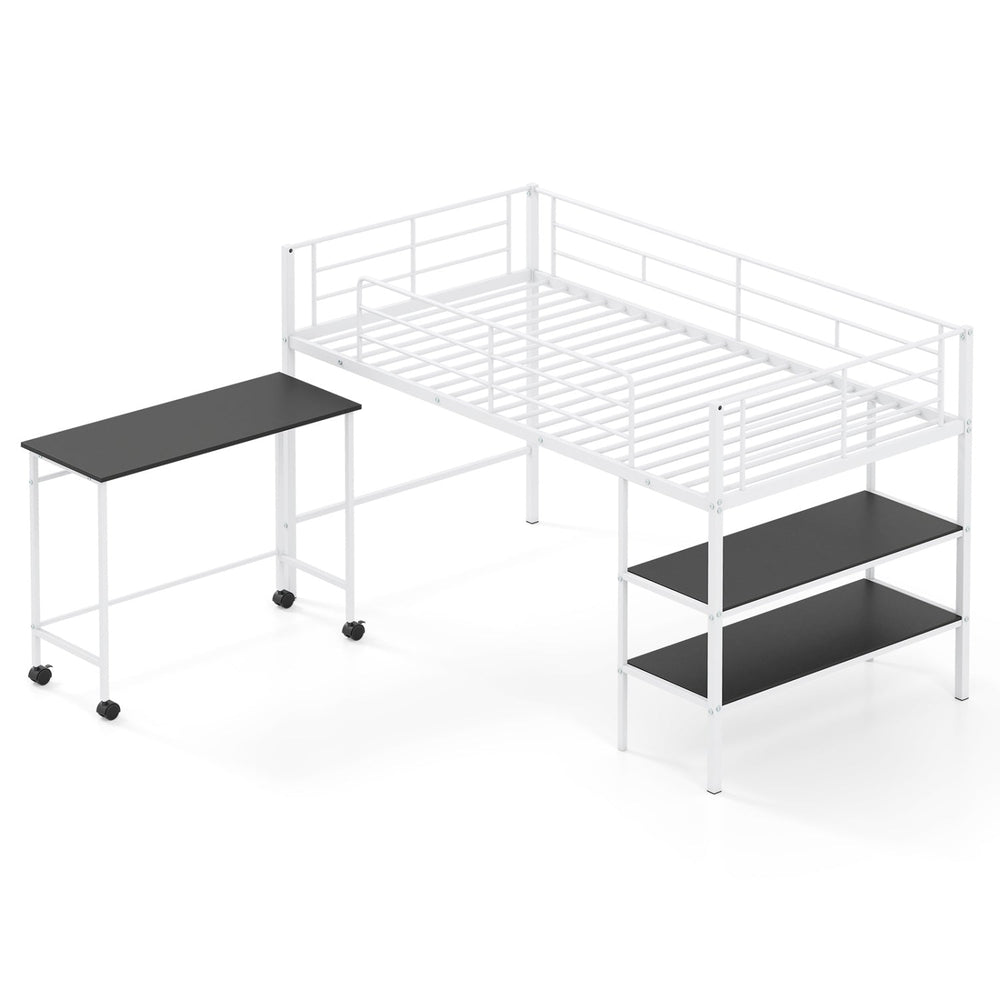 Twin Size Loft Bed with Rolling Desk and Bookshelf Platform Bed Frame