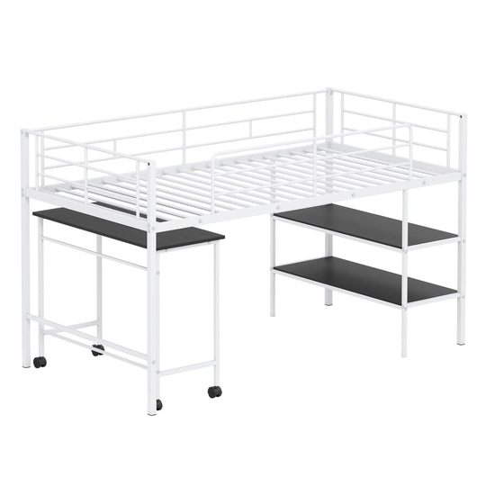 Twin Size Loft Bed with Rolling Desk and Bookshelf Platform Bed Frame