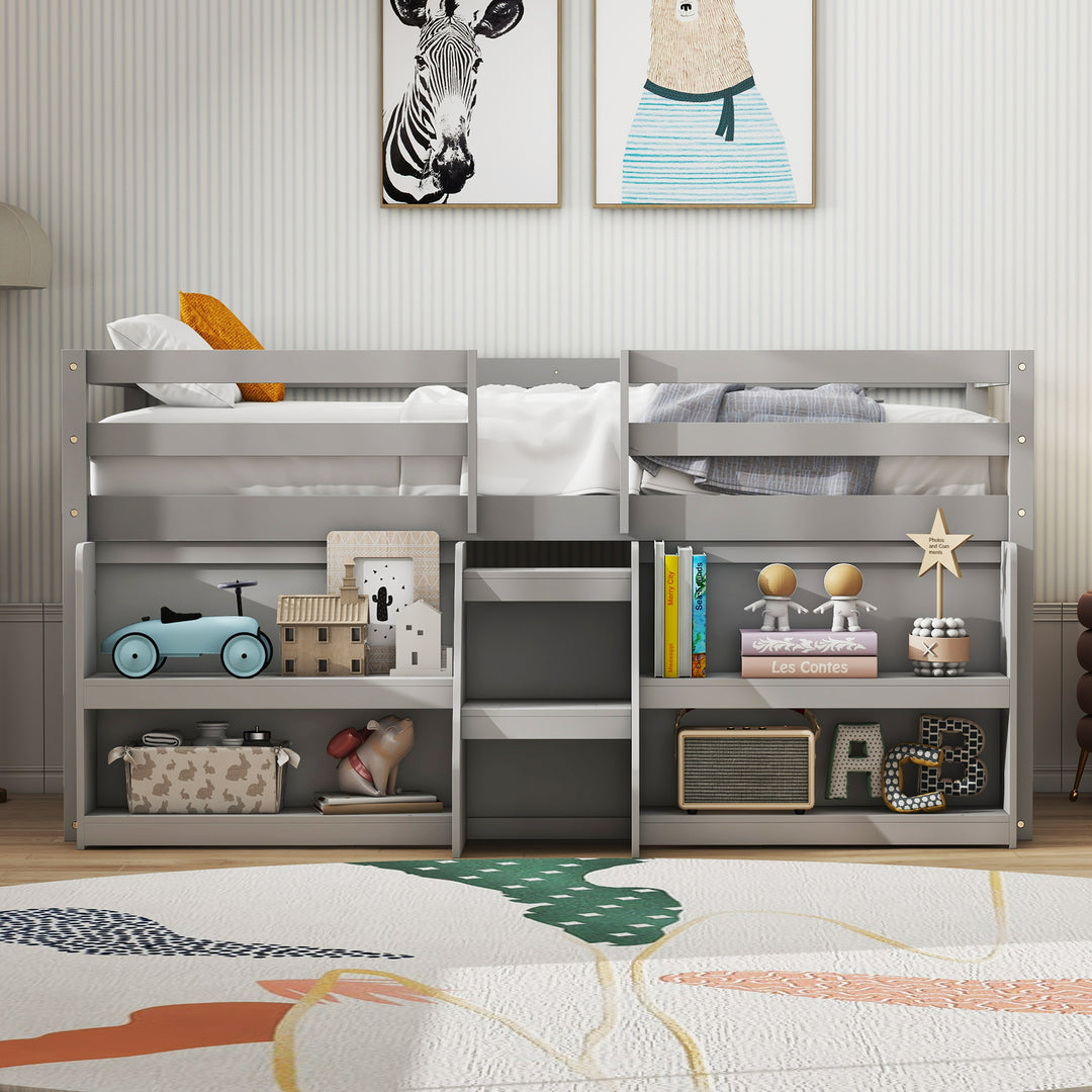 Twin Size Loft Bed with LED Lights with Staircase and Safety Guardrail-Gray