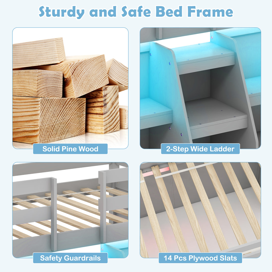 Twin Size Loft Bed with LED Lights with Staircase and Safety Guardrail-Gray