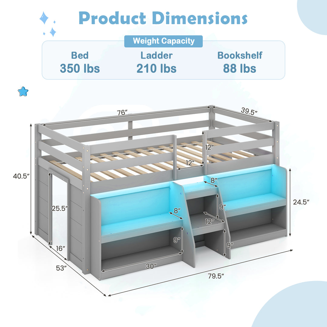 Twin Size Loft Bed with LED Lights with Staircase and Safety Guardrail-Gray