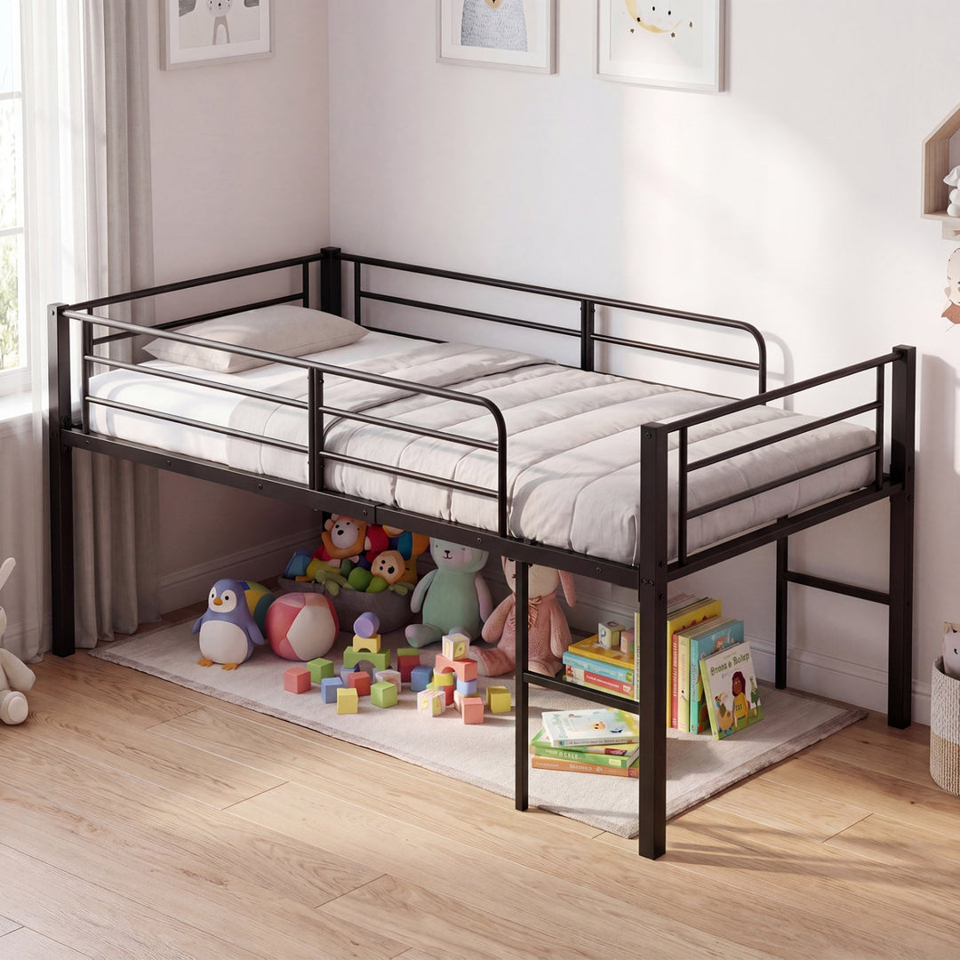 Twin Size Low Loft Bed with Safety Guardrails and 2 Ladders