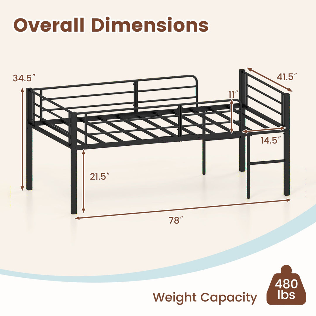 Twin Size Low Loft Bed with Safety Guardrails and 2 Ladders
