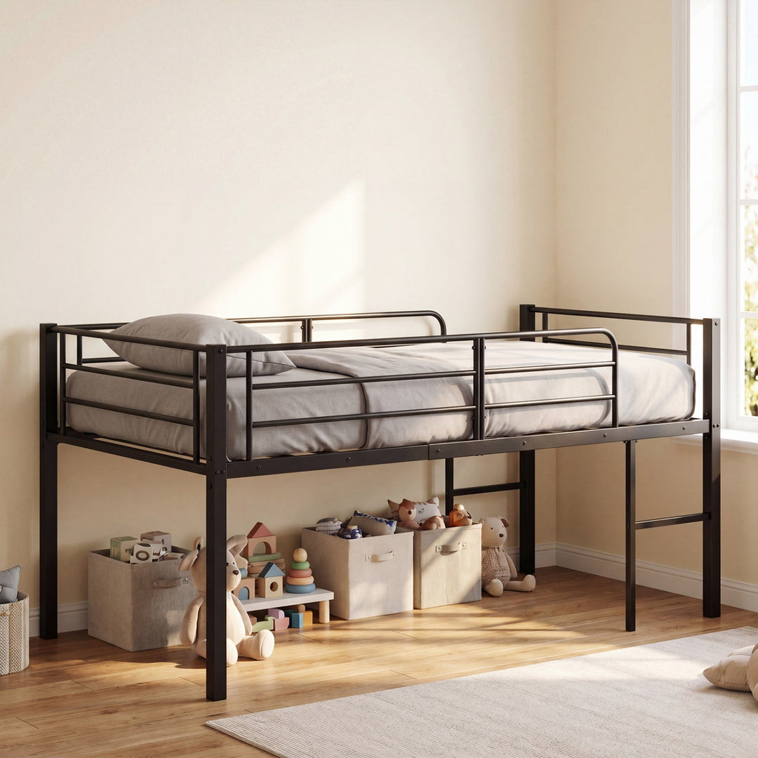 Twin Size Low Loft Bed with Safety Guardrails and 2 Ladders