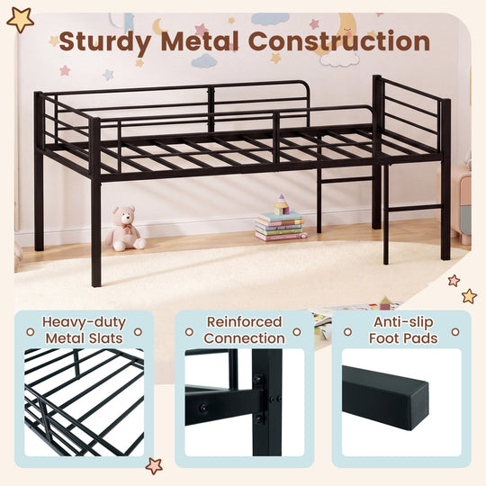 Twin Size Low Loft Bed with Safety Guardrails and 2 Ladders
