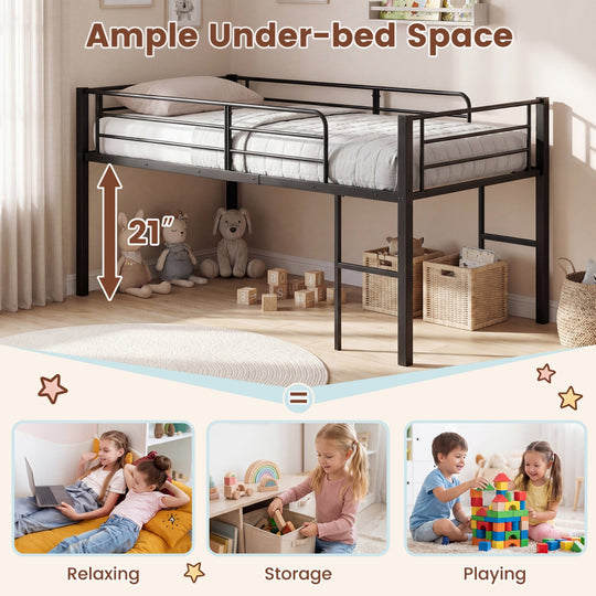 Twin Size Low Loft Bed with Safety Guardrails and 2 Ladders