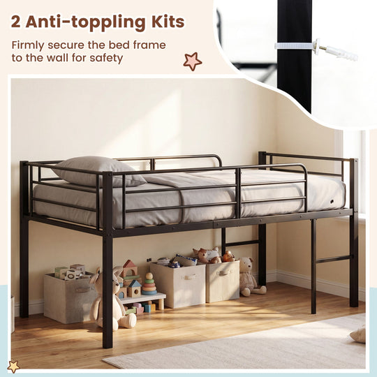 Twin Size Low Loft Bed with Safety Guardrails and 2 Ladders