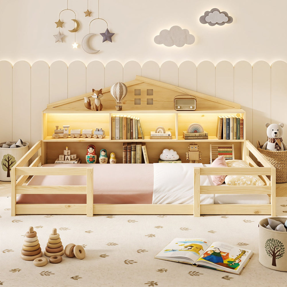 Twin Montessori Floor Bed with Storage and LED Lights