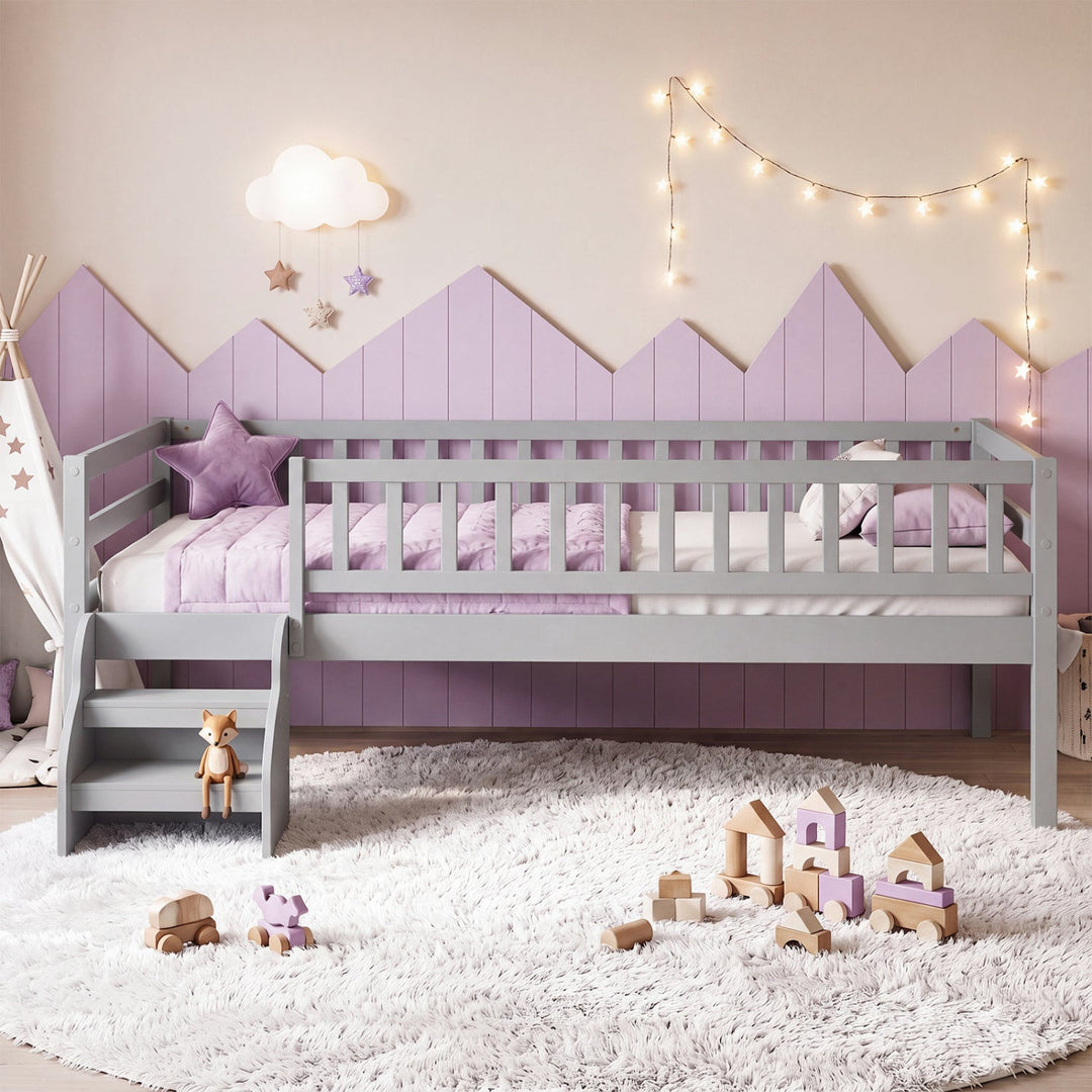 Twin Montessori Bed with Stairs and Guardrails