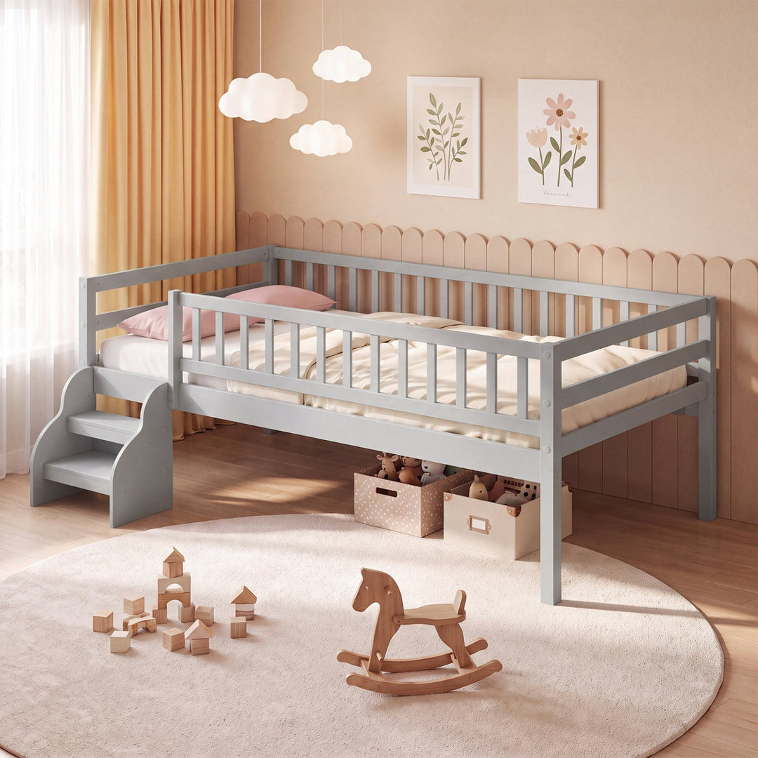 Twin Montessori Bed with Stairs and Guardrails