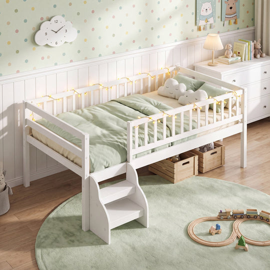 Twin Montessori Bed with Stairs and Guardrails