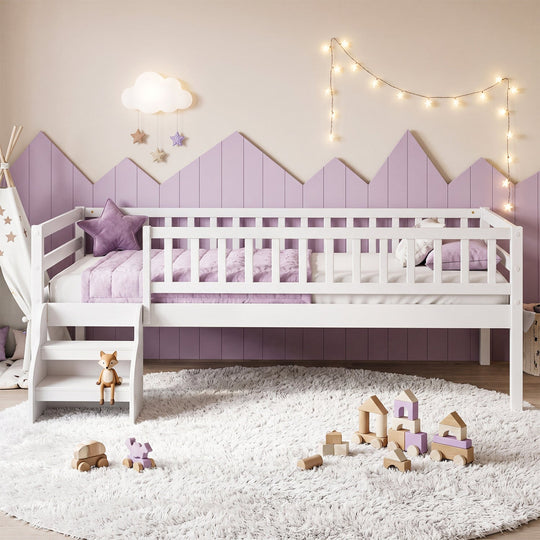 Twin Montessori Bed with Stairs and Guardrails