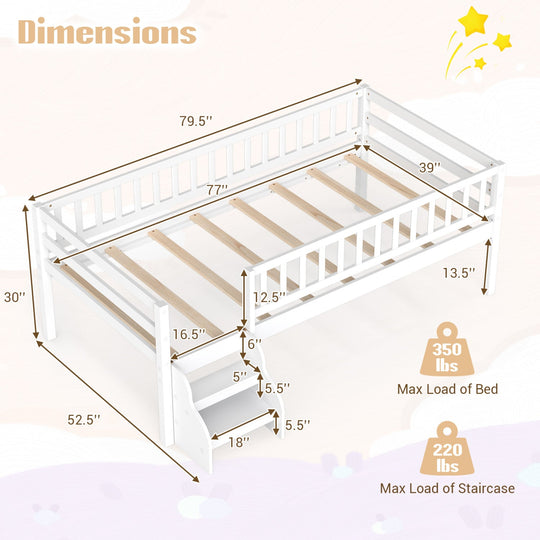 Twin Montessori Bed with Stairs and Guardrails