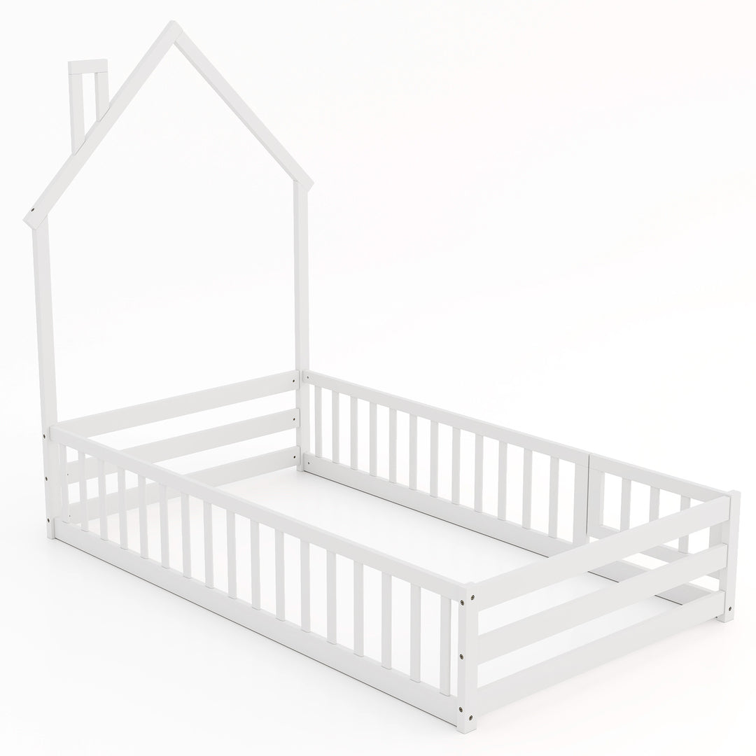 Twin Size Montessori Floor Bed with Lockable Door and Full-Length Guardrail-White
