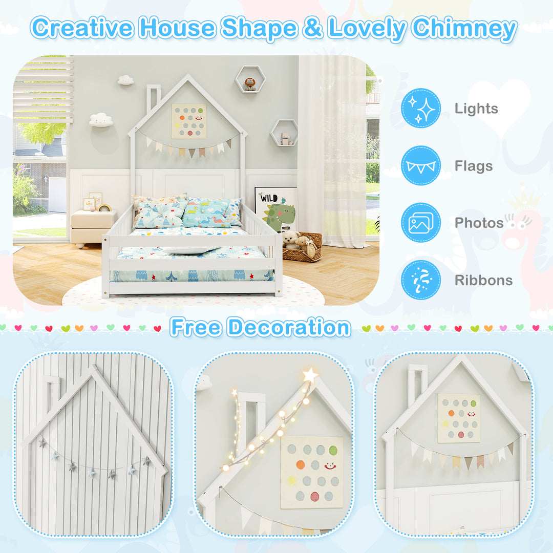 Twin Size Montessori Floor Bed with Lockable Door and Full-Length Guardrail-White