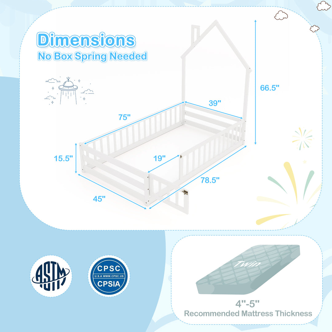 Twin Size Montessori Floor Bed with Lockable Door and Full-Length Guardrail-White