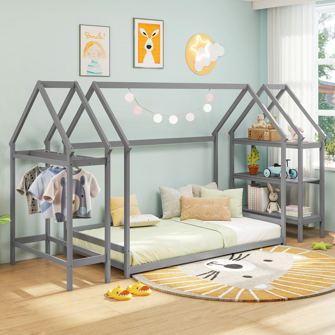 Twin Size Montessori Floor House Bed with Detachable Storage Shelves-Grey