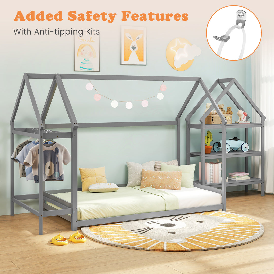 Twin Size Montessori Floor House Bed with Detachable Storage Shelves-Grey