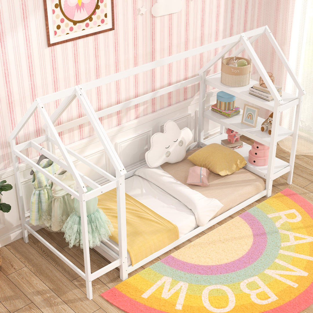Twin Size Montessori Floor House Bed with Detachable Storage Shelves-White