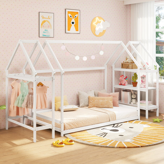 Twin Size Montessori Floor House Bed with Detachable Storage Shelves-White
