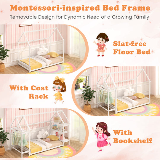 Twin Size Montessori Floor House Bed with Detachable Storage Shelves-White