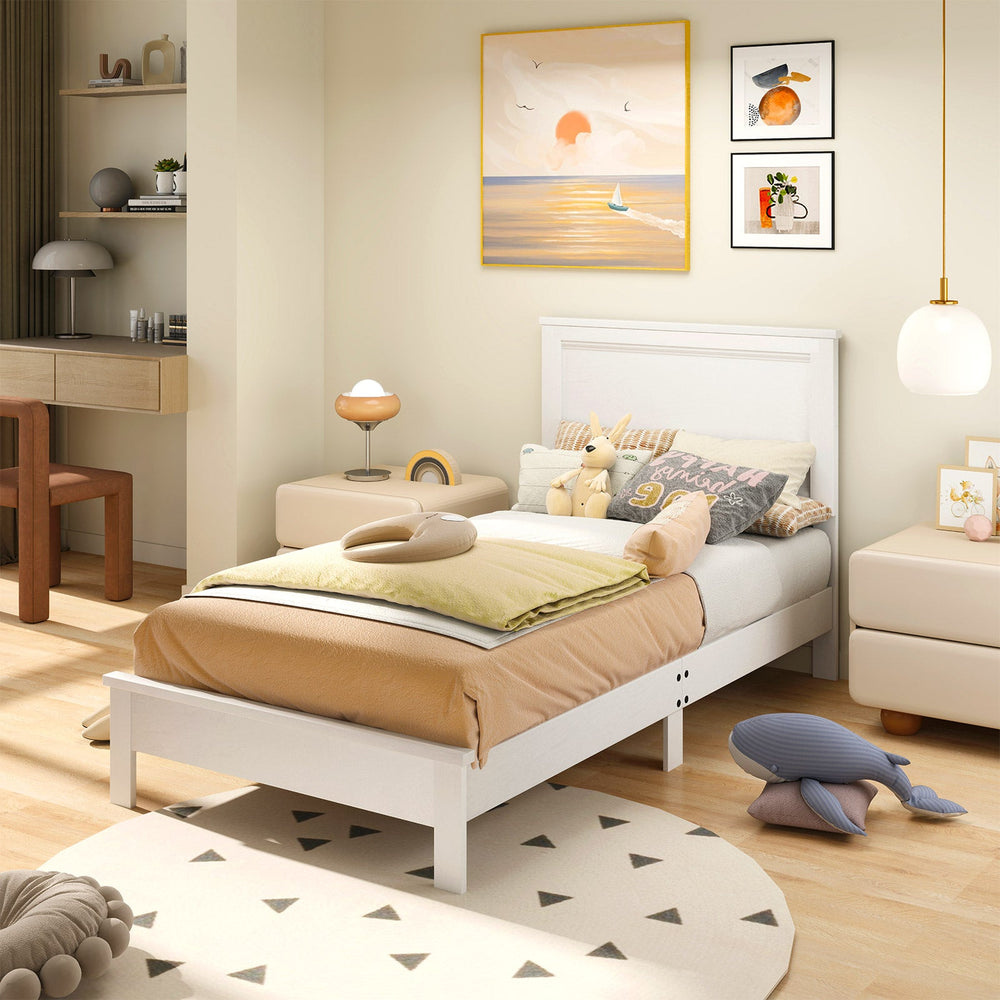Twin Size Wooden Bed Frame with Headboard and Slat Support