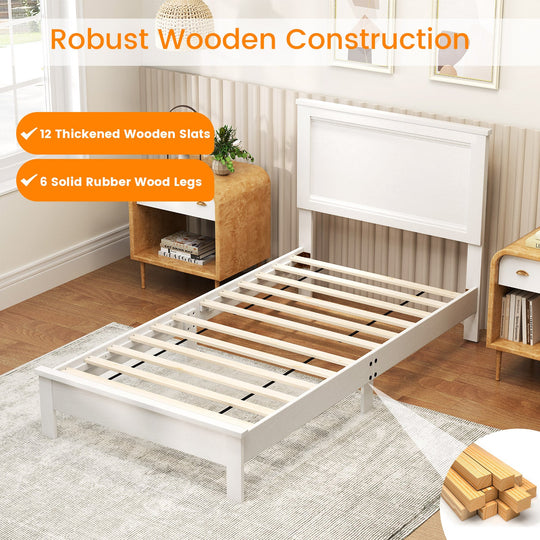 Twin Size Wooden Bed Frame with Headboard and Slat Support