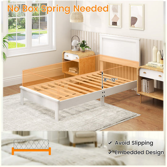 Twin Size Wooden Bed Frame with Headboard and Slat Support