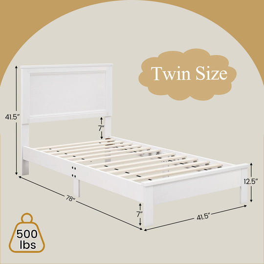 Twin Size Wooden Bed Frame with Headboard and Slat Support