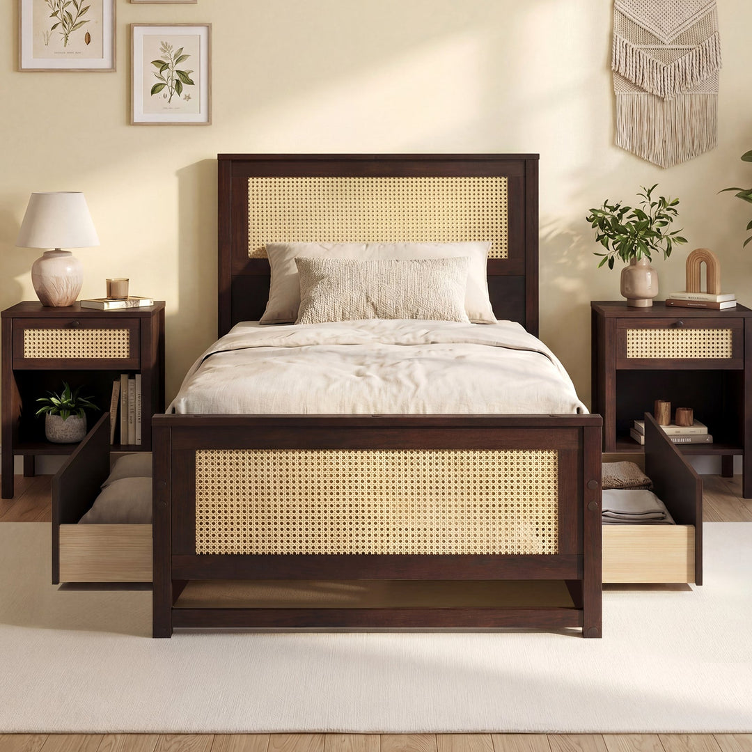 Twin Size Rattan Bed Frame with Storage Drawers