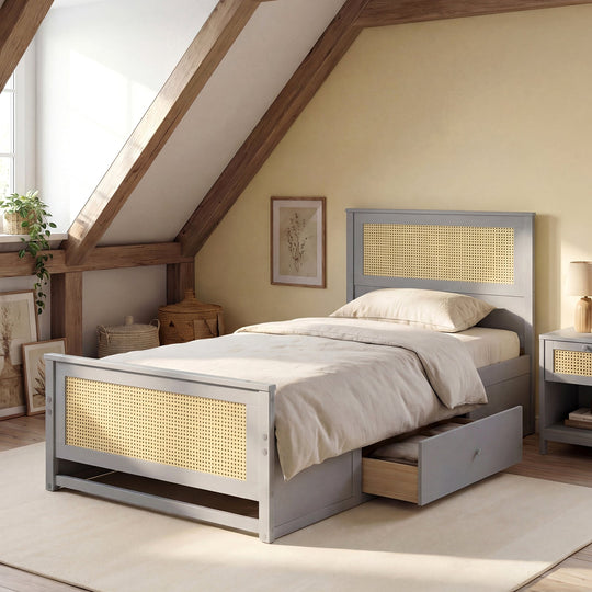 Twin Size Rattan Bed Frame with Storage Drawers
