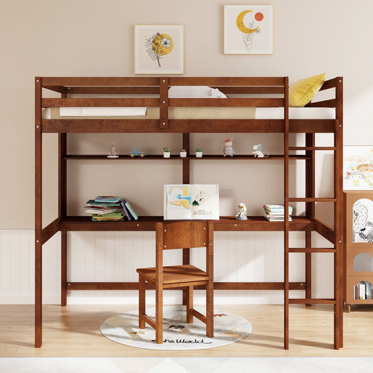 Twin Size Solid Wood Slatted Loft Bed Frame with Safety Guardrail for Kid