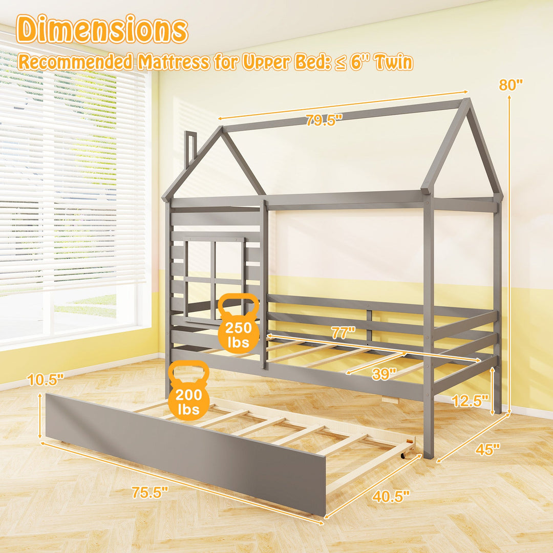 Twin Size Wooden Platform House Bed with Trundle and Roof
