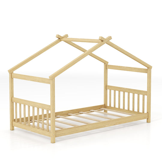 Twin Size Wooden House Bed with Roof