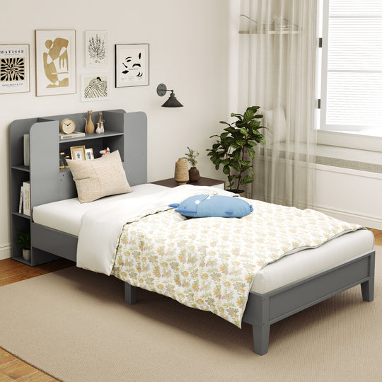 Twin Size Wooden Platform Bed Frame with Bookcase Headboard-Gray