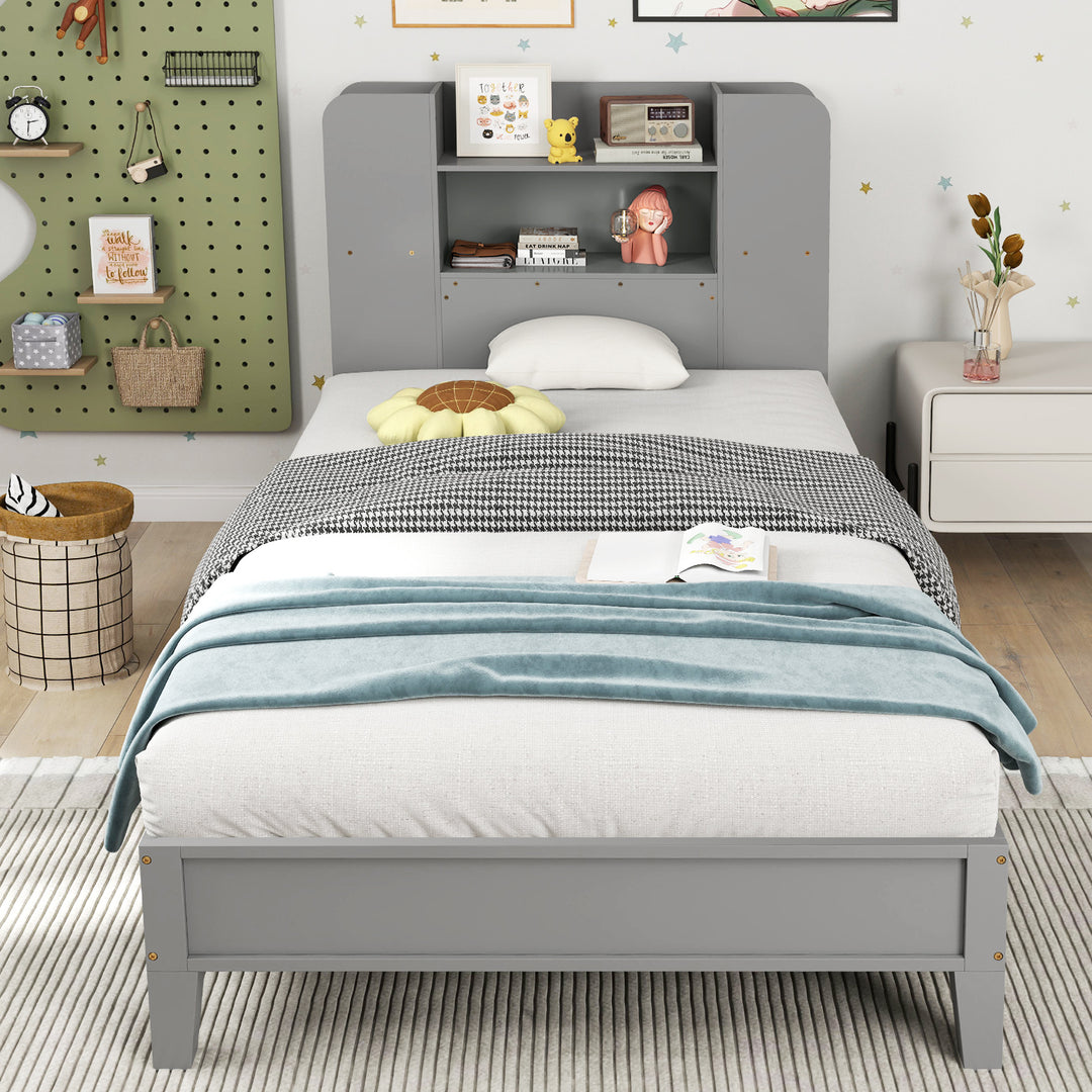 Twin Size Wooden Platform Bed Frame with Bookcase Headboard-Gray