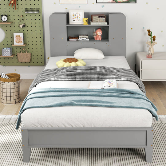 Twin Size Wooden Platform Bed Frame with Bookcase Headboard-Gray